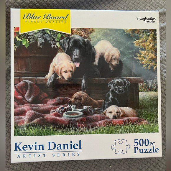 500 Pc DOG Puzzle 🧩 “Cozy Moments” Pic by Artist Kevin Daniel: Lab & Puppies - Picture 1 of 7